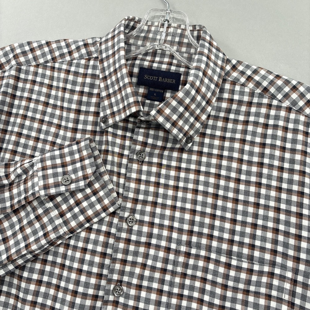 Scott Barber Shirt Mens Large Brown Gray Check Button Up Long Sleeve Cotton
